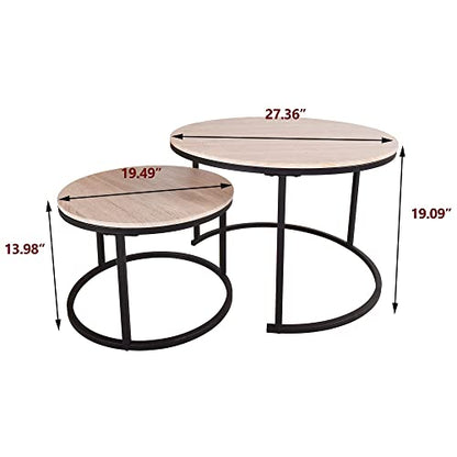 HOMERECOMMEND Round Coffee Table Set of 2 for Living Room,Natural Wood | Round Table with Solid Powder-Coated Metal Frame,round nesting coffee table set of 2 - color: Oak