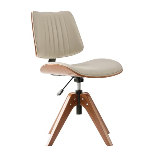 HULALA Home Faux Leather Home Office Desk Chair No Wheels, Ivory | Mid-Century Modern Desk Chair with Wood Legs, 360° Swivel Computer Task Chair with Channel-Tufted Backrest, Height Adjustable - color: Ivory