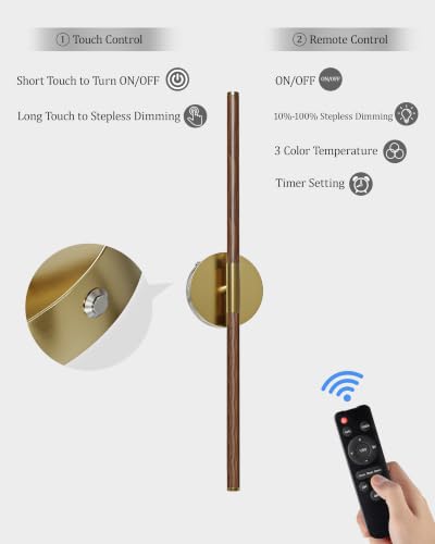 40" Battery Operated Wall Sconce Set of 2, 350° Rotating Lamp, Walnut Gold | Wireless, 8000mAh Rechargeable Battery, Stepless Dimming, 3000K-6000K, Remote & Touch Control, Timer, Living Room, Bedroom - color: Walnut Gold, size: 40 Inch (2 Pack)