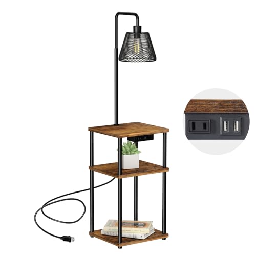 Floor Lamp with Table and Shelves, Side Table with USB Charging Port and Outlet, Modern Bedside Nightstand End Table with Lamp for Living Room, Bedroom, Guest Room, Bulb Included - color: Brown-1 Pair