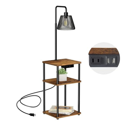 Floor Lamp with Table and Shelves, Side Table with USB Charging Port and Outlet, Modern Bedside Nightstand End Table with Lamp for Living Room, Bedroom, Guest Room, Bulb Included - color: Brown-1 Pair