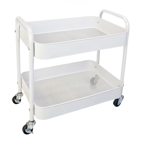 2 Tier Short Rolling Cart with Wheels for Under Desk Storage & Pantry Storage, Large Capacity Metal Kitchen Utility Cart for Small Space, Laundry Room Organizer Side Table with 4 Hooks, White - color: White, size: 2-tier