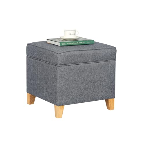 Linen Storage Ottoman, 17.5 Inch Square Upholstered Footrest Stool with Hinged Lid for Living Room, Bedroom & Entryway, Small Cube Accent Foot Stool, Grey with Natural Wood Legs - color: Grey With Burlywood Legs