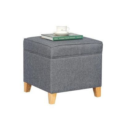 Linen Storage Ottoman, 17.5 Inch Square Upholstered Footrest Stool with Hinged Lid for Living Room, Bedroom & Entryway, Small Cube Accent Foot Stool, Grey with Natural Wood Legs - color: Grey With Burlywood Legs