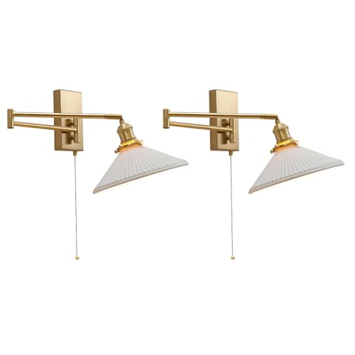 Swing Arm Wall Sconce 2-Pack, Brushed Gold Frosted Glass, 17.7" | Pull chain, frosted glass shade, bedside vanity bathroom, mid century wall light - color: A-2Pack