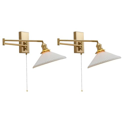 Swing Arm Wall Sconce 2-Pack, Brushed Gold Frosted Glass, 17.7" | Pull chain, frosted glass shade, bedside vanity bathroom, mid century wall light - color: A-2Pack