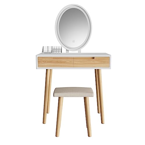 YOURLITE Makeup Vanity Desk with Lighted Mirror & Stool | 31.5" Makeup Table, 3 Lighting Modes, Adjustable Brightness, 2 Drawers, Cushioned Stool, Oval Mirror - size: 31.5", style: Oval Mirror Wood