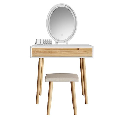 YOURLITE Makeup Vanity Desk with Lighted Mirror & Stool | 31.5" Makeup Table, 3 Lighting Modes, Adjustable Brightness, 2 Drawers, Cushioned Stool, Oval Mirror - size: 31.5", style: Oval Mirror Wood