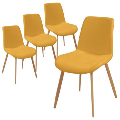 HIPIHOM Dining Chairs Set of 4, Mid-Century Modern Fabric Kitchen Chairs | Curved Backrest for Comfort, High-Density Sponge Padded Seat, Heat and Stain Resistant Surface, Sturdy Wood-Grain Metal Legs - color: Yellow Chairs Set of 4