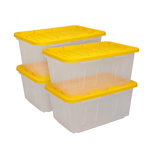 CX 27-Gallon Heavy Duty Clear Stackable Storage Bins with Lids, 4 Pack | Clear plastic totes for garage organization, Stackable, weather-resistant, snap lids, 14.3H x 20.6W x 30.6D, Clear/Yellow - size: 4 Pack, style: Clear & Yellow