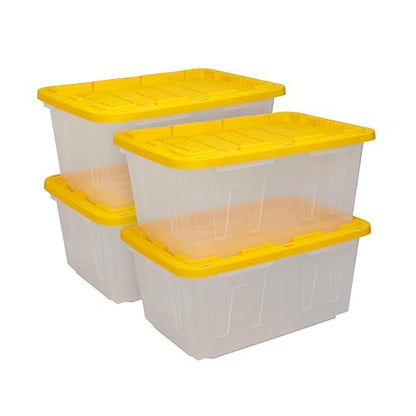 CX 27-Gallon Heavy Duty Clear Stackable Storage Bins with Lids, 4 Pack | Clear plastic totes for garage organization, Stackable, weather-resistant, snap lids, 14.3H x 20.6W x 30.6D, Clear/Yellow - size: 4 Pack, style: Clear & Yellow