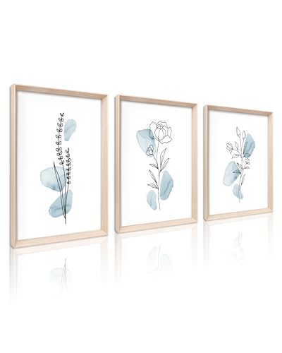 HesenDot Blue Floral Framed Wall Art, Minimalist Botanical Canvas Prints | 12x16IN Set of 3, Wood High Framed Prints, Boho Flowers Artwork, Wall Decor for Living Room Kitchen Bedroom Bathroom - color: Framed Blue Floral, size: 16"L x 12"W
