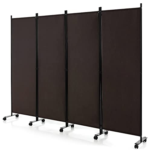 GOFLAME 4 Panel Folding Room Divider, 6FT Rolling Privacy Screen with Lockable Wheels, Portable Room Partition Screen, Freestanding Wall Divider and Separator for Home Office, Brown - color: Brown, size: 4-Panel
