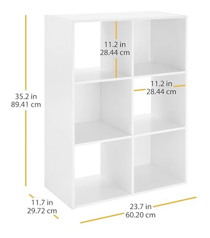Whitmor 6 Cube Bookcase, 3 Tier Stackable MDF Bookself, Open Storage Display Organizer, Storage Cabinet for Living Room, Bedroom, Home, Office, 23.7" L x 11.7" W x 35.2" H, White | Stackable MDF design, 6 open cubes, 30 lb capacity per cube, easy assembly