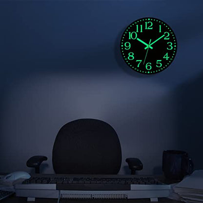 Wall Clock Glow in the Dark Clocks Battery Operated Silent 12 Inch | Black Wood Wall Clock Non-Ticking Analog Luminous Clock for Living Room Bedroom Office Kitchen Classroom Bathroom - color: Luminous -Black