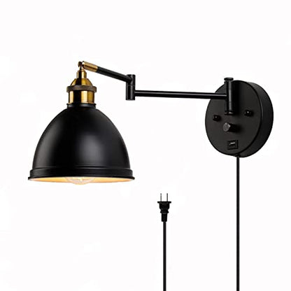 Swing Arm Wall Sconces, Plug-in Wall lamp,Bedroom Wall lamp ， White Fabric Shade，，with dimmable Switch and USB Charging Port, Suitable for Bedside, Living Room, Reading (Metallic Black) - color: Metallic black