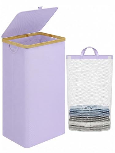 IEGrow Laundry Hamper with Lid,110L Laundry Basket with Mesh Bags,Purple | Dirty Clothes Hamper Basket with Bamboo Handle for Clothes Towels - color: Purple, size: 110L