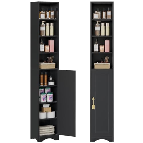 VECELO 71" Tall Narrow Storage Cabinet, Bathroom Storage Slim Freestanding Cabinet with Door & 6 Adjustable Shelves, Anti-Tip Design for Small Space, Kitchen, Living Room, Black - color: Black