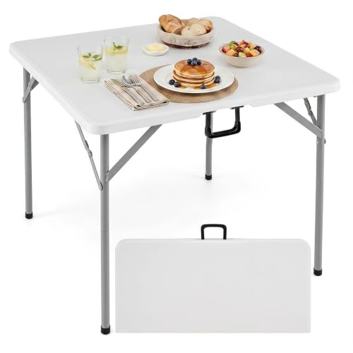 Goplus 34” Folding Table, Square Foldable Card Table, Indoor Outdoor Use, Fold-in-Half Portable Table with Carrying Handle, Plastic Table for Picnic Camping RV Travel Crafting Dining (White) - color: White
