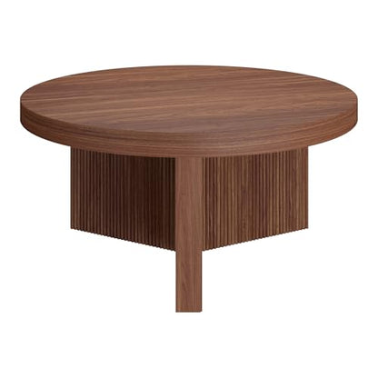 Henn&Hart 32" Scandinavian Fluted Coffee Table, Medium Walnut | Ribbed pedestal base and low profile bring Scandinavian style to small spaces including living rooms or family rooms - color: Medium Walnut, size: 32 inches