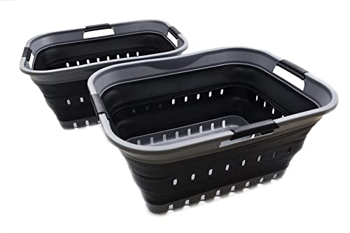 SAMMART 42L (11 gallon) Collapsible Plastic Laundry Basket - Foldable Pop Up Storage Container/Organizer - Portable Basket - Space Saving Hamper/Basket (2, Grey/Black) - color: Grey/Black