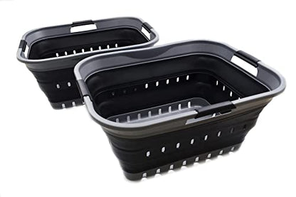SAMMART 42L (11 gallon) Collapsible Plastic Laundry Basket - Foldable Pop Up Storage Container/Organizer - Portable Basket - Space Saving Hamper/Basket (2, Grey/Black) - color: Grey/Black