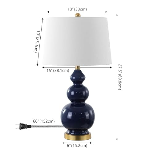 JONATHAN Y Bowen 27.5" Ceramic Triple Gourd Table Lamp, Navy/Brass Gold | Contemporary, White Linen Drum Shade, Modern Transitional Style, Metal Base, LED Bulb Included - color: Navy