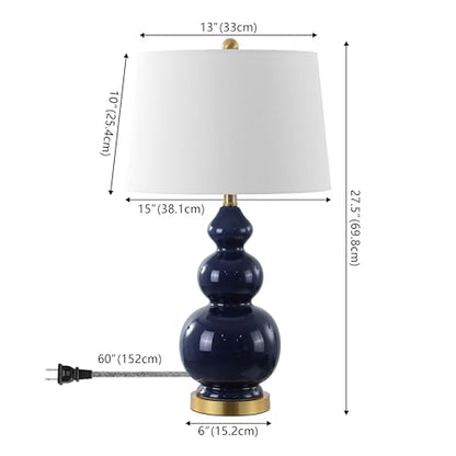 JONATHAN Y Bowen 27.5" Ceramic Triple Gourd Table Lamp, Navy/Brass Gold | Contemporary, White Linen Drum Shade, Modern Transitional Style, Metal Base, LED Bulb Included - color: Navy