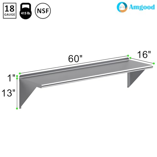 AmGood 16 in. x 60 in. Stainless Steel Wall Shelf | NSF | Metal Shelving | Garage, Laundry, Storage, Utility Room | Restaurant, Commercial Kitchen - size: 16 in. x 60 in.