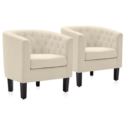 BELLEZE Accent Barrel Arm Chair Set of 2, Modern Comfy Upholstered Tufted Club Chair with Sturdy Legs and Linen Fabric for Bedroom Living Room - White - color: White, size: 2 x Linen Chair