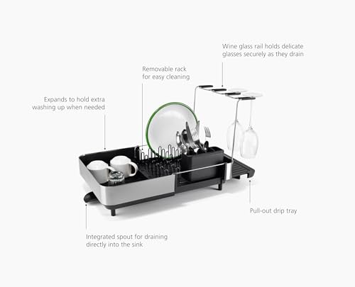 Joseph Joseph Extend Steel Plus Extendable Dish Rack Steel, Small to Large Dish Drainer with Wine Glass Holder & Drain Spout, Black - color: Black, style: Plus