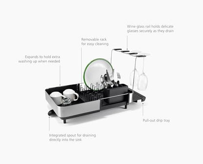Joseph Joseph Extend Steel Plus Extendable Dish Rack Steel, Small to Large Dish Drainer with Wine Glass Holder & Drain Spout, Black - color: Black, style: Plus
