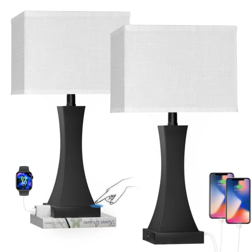 OYedis Set of 2 Touch Control Table Lamps 21.6" 3-Way Dimmable Bedside Nightstand Lamp with Type C/USB Charging Port & Outlet Desk Lamp for Living Room Bedroom Office and Hotel Bulb Included - color: Black Set of 2