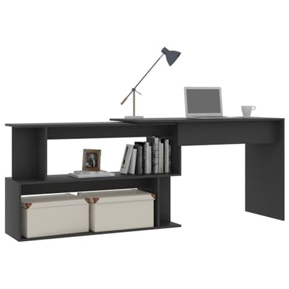 Rotatable Corner Desk, Grey Engineered Wood L-Shaped Writing Desk with Shelves, Adjustable Computer Workstation for Home Office, Space-Saving Rectangular Design