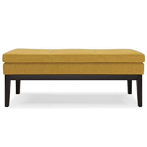 SIMPLIHOME Carlson 45" Wide Vegan Leather Rectangle Ottoman in Marigold | Mid-century modern ottoman bench with a padded seat; perfect footstool, footrest or pouf for bedroom or entryway. - color: Marigold, style: Ottoman Bench