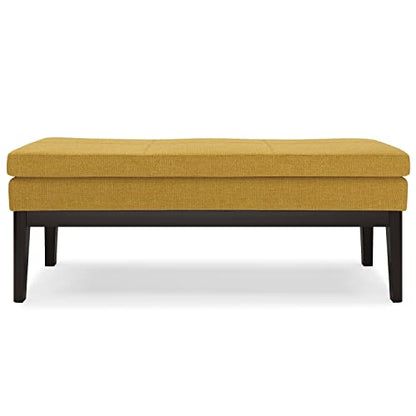 SIMPLIHOME Carlson 45" Wide Vegan Leather Rectangle Ottoman in Marigold | Mid-century modern ottoman bench with a padded seat; perfect footstool, footrest or pouf for bedroom or entryway. - color: Marigold, style: Ottoman Bench