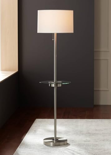 360 Lighting Caper 60 1/2" Tall Nickel Tray Table USB and Outlet Floor Lamp | Modern with AC Power on Glass 5 Satin White Fabric Drum Shade for Living Room Reading House Bedroom - color: Nickel - Single