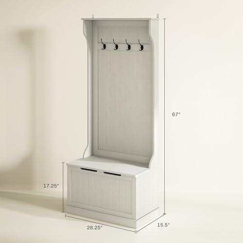 HOMCOM Hall Tree with Bench and Shoe Storage 3-in-1 Coat Rack Cream White | Slim Bench with Coat Rack, 4 Hooks, Flip Top Storage Compartment - color: Cream White, size: 28"