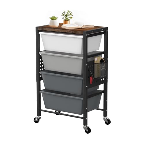 Rolling Cart with 4 Drawers, Plastic Drawer Storage Carts with Wheels & Wooden Tabletop, Metal Utility Cart with Pegboards, Office Living Room Classroom Craft Organization and Storage, Dark Grey - color: Dark Grey, size: 4-drawer
