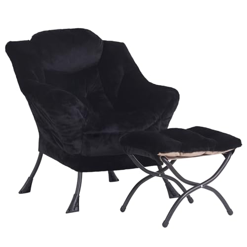 Lazy Chair with Ottoman, Comfy Accent Reading Chair, Plush Black | Foldable Footrest,Removable Cover,with Armrests and Side Pockets,Upholstered Lounge Chair for Bedroom,Dorm,Office,Small Space - color: Plush Black