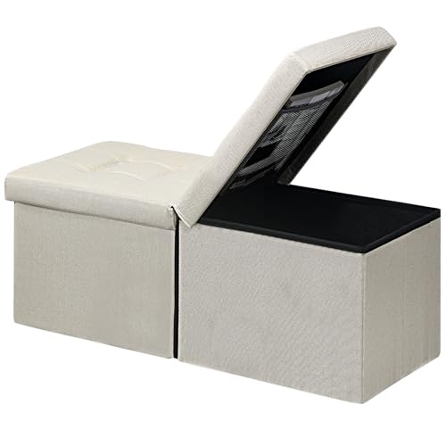 AmasSmile Footrest Ottoman Storage Bench,34" Linen Folding Chest,Beige | Large Ottoman with Storage,Thicker Foam Padded Seat,Livingroom,Dorm,Bedroom,Entryway,Easy to install,34 x 13 x 13in - color: Beige-linen
