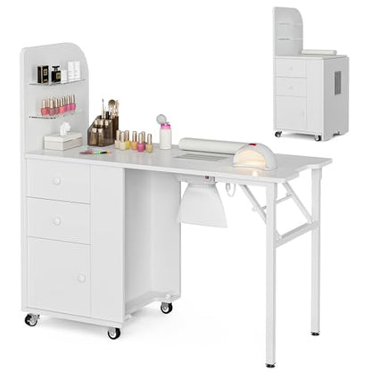 Foldable Nail Desk Manicure Table, Folding Nail Table Station for Nail Tech w/Dust Collector, 2 Open Shelves & 2 Drawers, Foldable Manicure Desk w/Wrist Cushion, Lockable Wheels - color: White