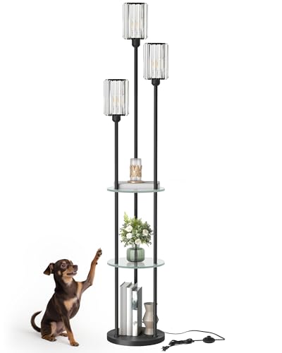 Black Floor Lamp with Shelves, Modern Floor Lamp with 3 Crystal Shades and Foot Switch, 3-Light Standing Lamp, for Living Room, Bedroom, Study, Office, Black B53LD05 - color: Black + Crystal Glass