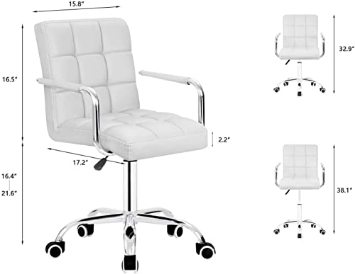 JUMMICO Vanity Modern Office Chair with Wheels White Desk Chair PU Leather Mid-Back Rolling Cute Task Chair for Office, Teen,Make Up,Bedroom Desks (White) - color: White
