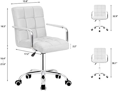 JUMMICO Vanity Modern Office Chair with Wheels White Desk Chair PU Leather Mid-Back Rolling Cute Task Chair for Office, Teen,Make Up,Bedroom Desks (White) - color: White