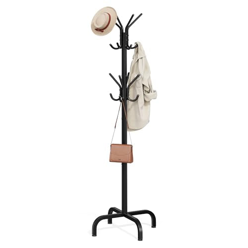 SONGMICS Coat Rack Freestanding with 16 Hooks, Metal Coat Tree Stand with 4 Adjustable Feet, Clothes Hanger Stand for Entryway Bedroom Living Room Hallway Office, Ink Black URCR083BH01S - color: Black, style: 16 hooks
