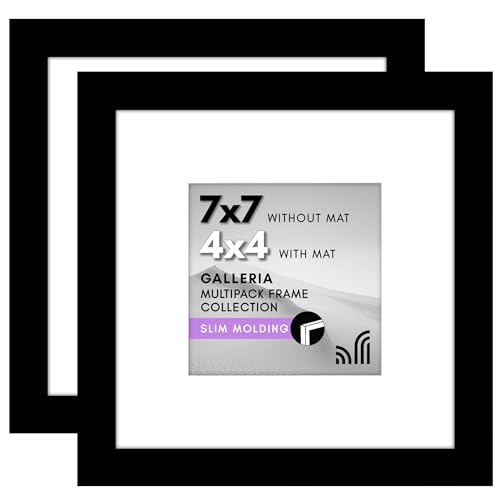 Americanflat 7x7 Picture Frame 2-Pack - Matted to 4x4 - Black | Slim Molding construction, Polished plexiglass front, wall or tabletop display with included easel, triangle hangers included - color: Black, size: 7x7 with 4x4 Mat