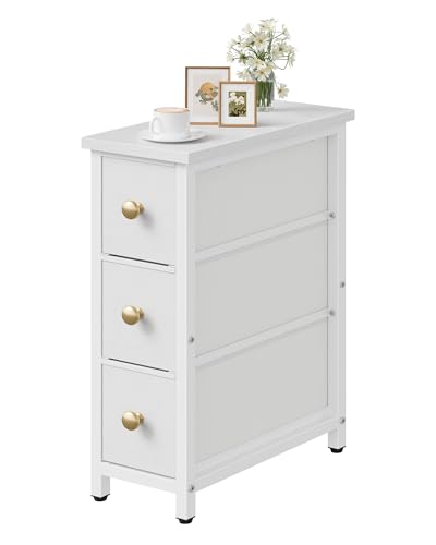 Narrow Side Table with 3 Fabric Drawers, Industrial Slim Bedside Table for Small Spaces, Bedroom, Living Room, Dormitory, White TBZ09WB - color: White