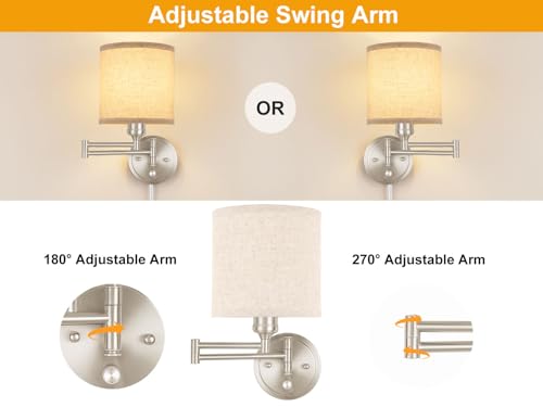 Plug in Wall Sconces with Remote Control, Dimming & Adjustable Colors 2700K-6500K, Hardwire or Plug-in, Swing Arm Wall Lamp with Linen Fabric Shade, Wall Sconces Set of Two, Brushed Nickel Finish - color: Brushed Nickel & Linen