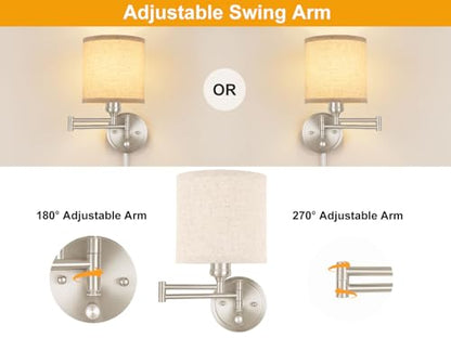 Plug in Wall Sconces with Remote Control, Dimming & Adjustable Colors 2700K-6500K, Hardwire or Plug-in, Swing Arm Wall Lamp with Linen Fabric Shade, Wall Sconces Set of Two, Brushed Nickel Finish - color: Brushed Nickel & Linen